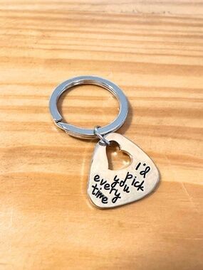 NEW - Guitar Pick Keychain Engraved 'I'd Pick Your Every Time' Saying Silver